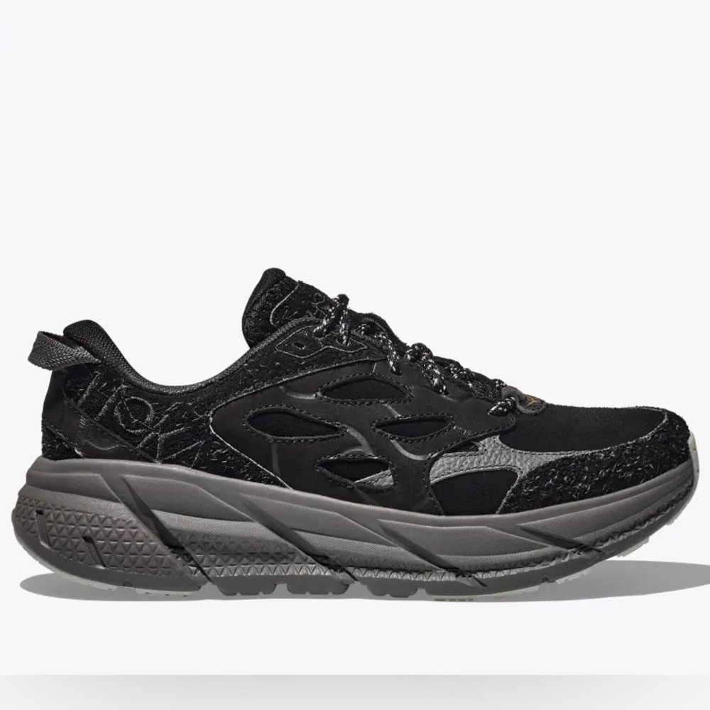 NWT Hoka Clifton Elite Terrain System L Suede Leather Black Grey Unisex Sneakers - Picture 15 of 16
